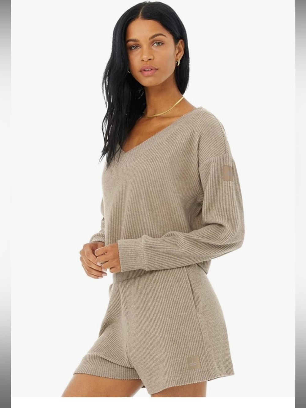 ALO Yoga Black Ribbed V-Neck cropped Top and Shorts Set